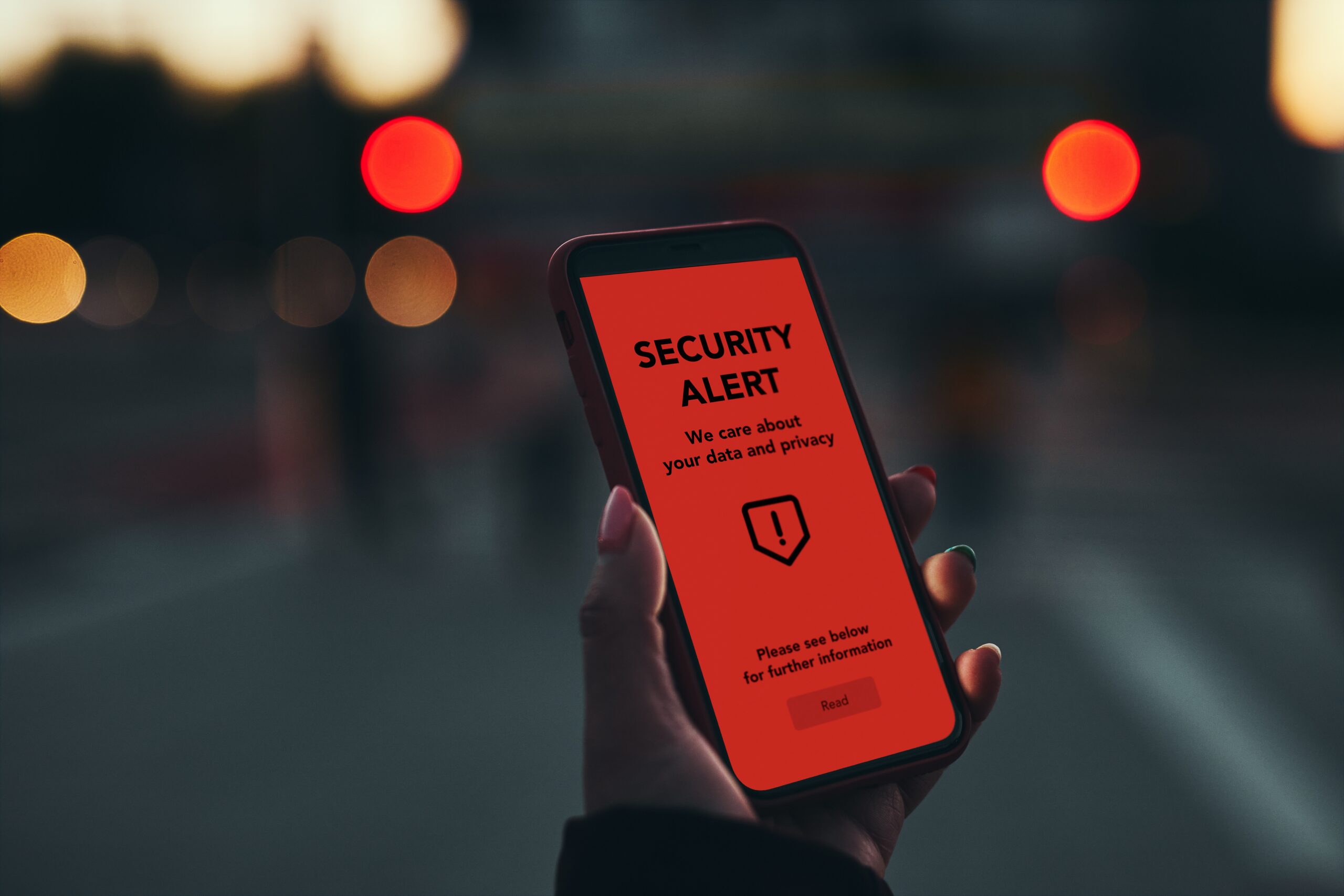 Security alert on smartphone screen. Antivirus warning. Private data protection system notification. Important security issue. Concept of cyber crime, hacking password and bank accounts, stealing money and personal data. Data breach. Female holding mobile A person holds a smartphone displaying a bright red security alert screen while standing outdoors at night with blurred city lights in the background.